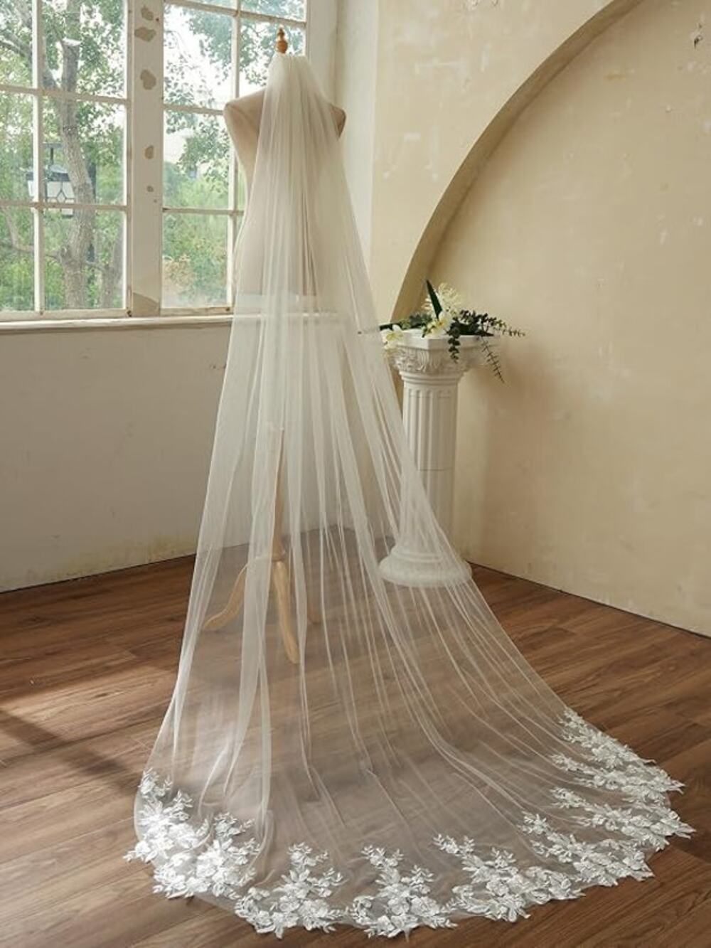 Chapel Length Floral Lace Wedding Bridal Veil w/ Comb White